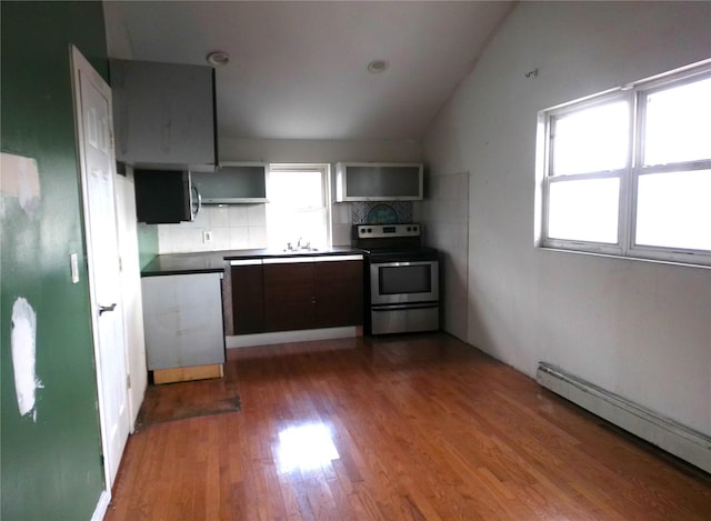 16739 147th Ave, Springfield Gardens, NY 11434 - kitchen featuring open shelves, wood finished floors, a baseboard heating unit, decorative backsplash, and stainless steel electric stove
