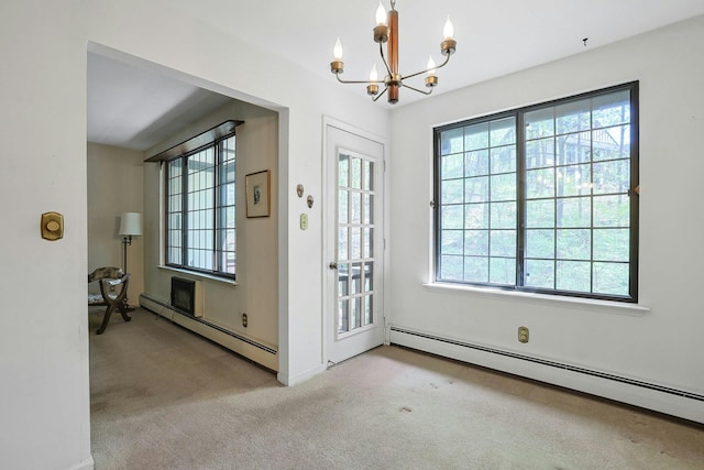 doorway to outside featuring carpet, a chandelier, a baseboard heating unit, and baseboards