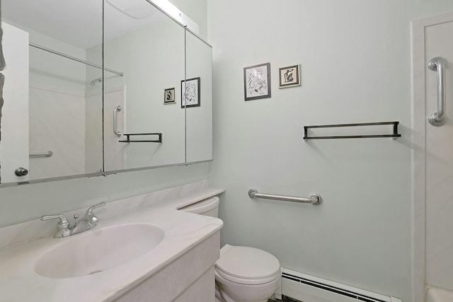 full bathroom with baseboard heating, toilet, and vanity