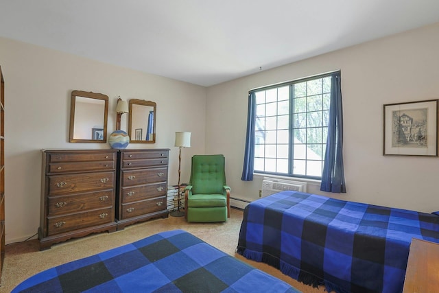 carpeted bedroom featuring baseboard heating and a wall unit AC
