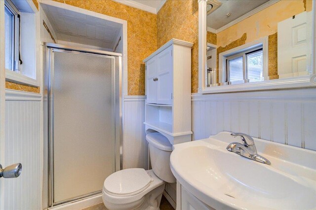 full bath with a sink, toilet, wainscoting, a stall shower, and ornamental molding
