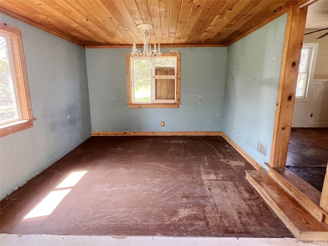 unfurnished dining area featuring crown molding, wooden ceiling, and visible vents