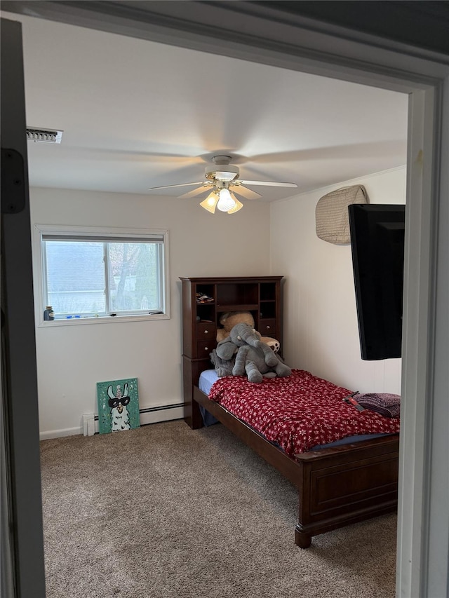 bedroom featuring a baseboard radiator, carpet flooring, ceiling fan, and visible vents