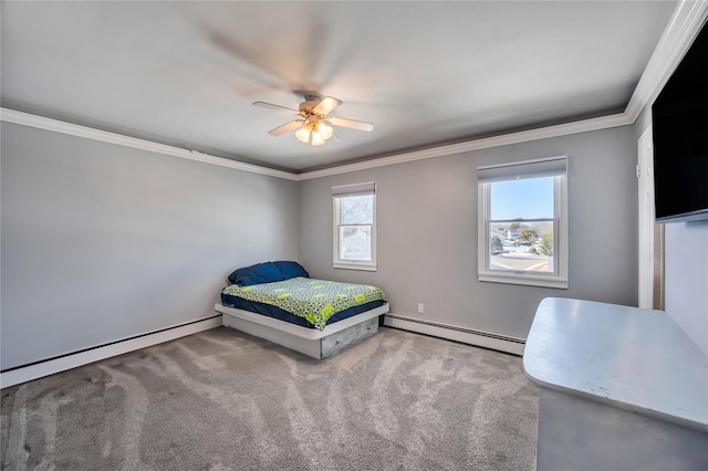 carpeted bedroom featuring a ceiling fan, baseboards, a baseboard heating unit, and ornamental molding