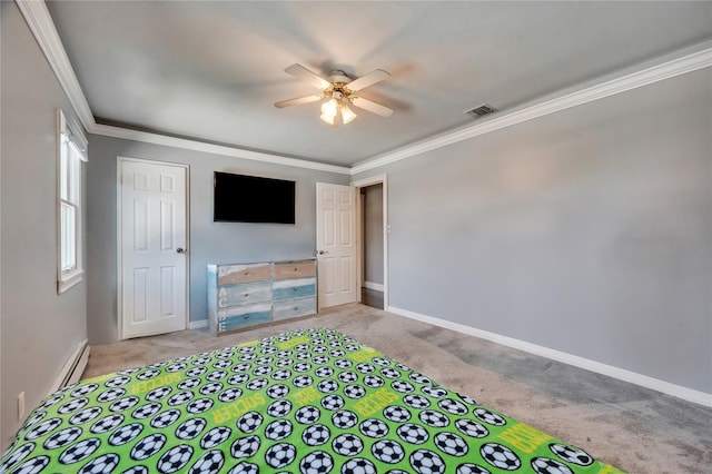 bedroom with visible vents, crown molding, baseboards, ceiling fan, and carpet
