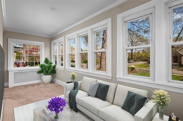 sunroom / solarium with baseboards, ornamental molding, carpet floors, and a wealth of natural light