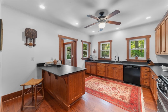 kitchen featuring black dishwasher, a peninsula, a sink, stainless steel gas stove, and light wood-style floors
