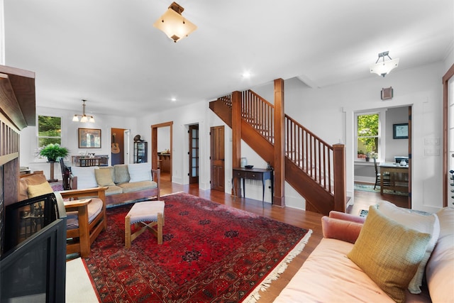101 Mohican Park Ave, Dobbs Ferry, NY 10522 - living room with stairway, wood finished floors, an office area, and recessed lighting