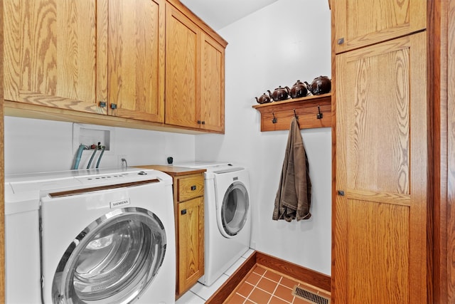 101 Mohican Park Ave, Dobbs Ferry, NY 10522 - laundry area with washing machine and dryer, cabinet space, tile patterned floors, and baseboards