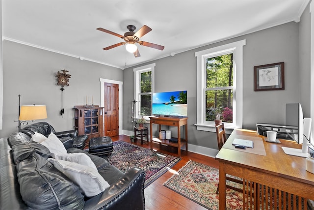 101 Mohican Park Ave, Dobbs Ferry, NY 10522 - living area with ceiling fan, wood finished floors, ornamental molding, a desk, and baseboards