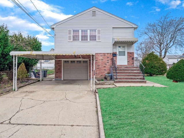 traditional home featuring fence, concrete driveway, brick siding, a front yard, and a garage