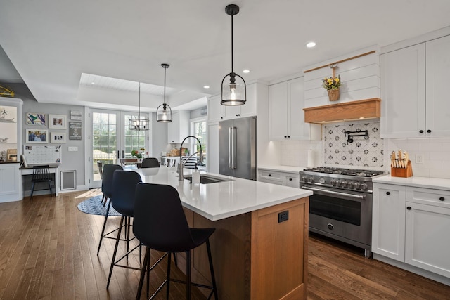 kitchen featuring a sink, light countertops, dark wood finished floors, high end appliances, and decorative backsplash