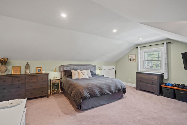bedroom featuring recessed lighting, baseboards, vaulted ceiling, and carpet