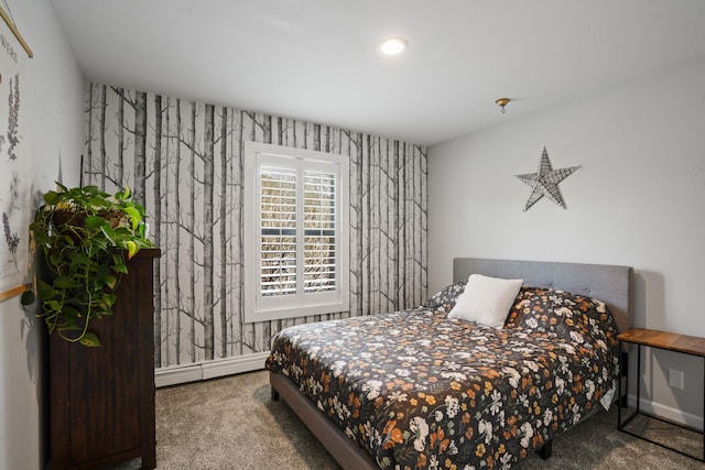 bedroom featuring carpet floors, recessed lighting, wallpapered walls, baseboards, and a baseboard heating unit