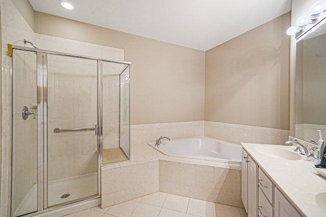 10 Symphony Dr, Lake Grove, NY 11755 - bathroom with a sink, a bath, a stall shower, double vanity, and tile patterned flooring