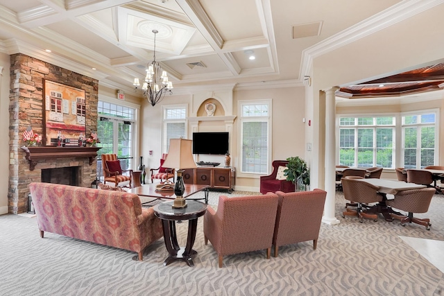 10 Symphony Dr, Lake Grove, NY 11755 - carpeted living area featuring visible vents, an inviting chandelier, coffered ceiling, and a fireplace