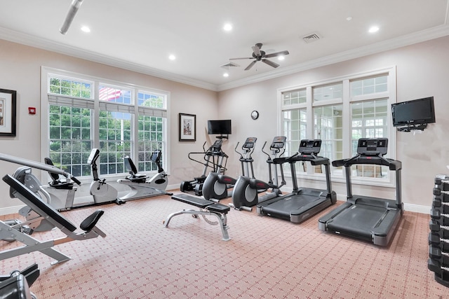 10 Symphony Dr, Lake Grove, NY 11755 - gym with carpet flooring, visible vents, ceiling fan, and baseboards