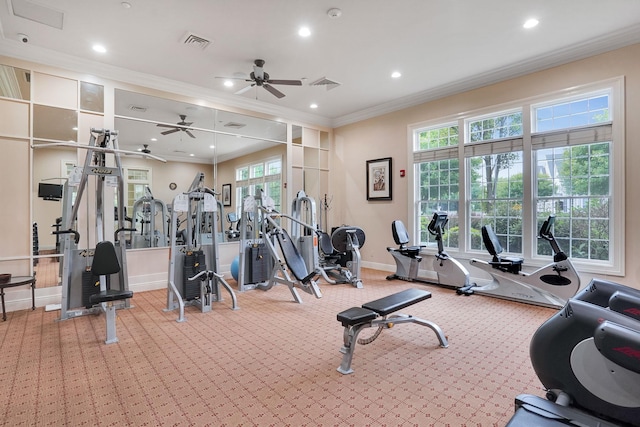 10 Symphony Dr, Lake Grove, NY 11755 - gym featuring crown molding, a ceiling fan, visible vents, and baseboards