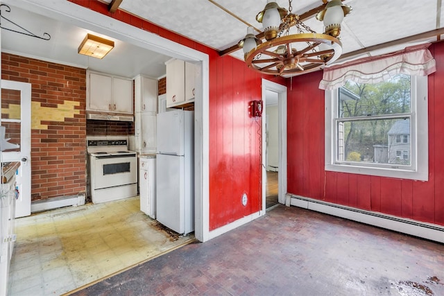 kitchen with light floors, an inviting chandelier, white appliances, a baseboard heating unit, and a baseboard radiator