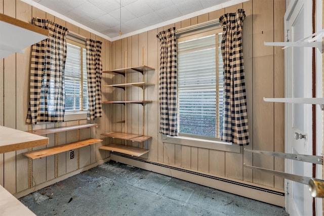 interior space with a baseboard heating unit, wood walls, and plenty of natural light