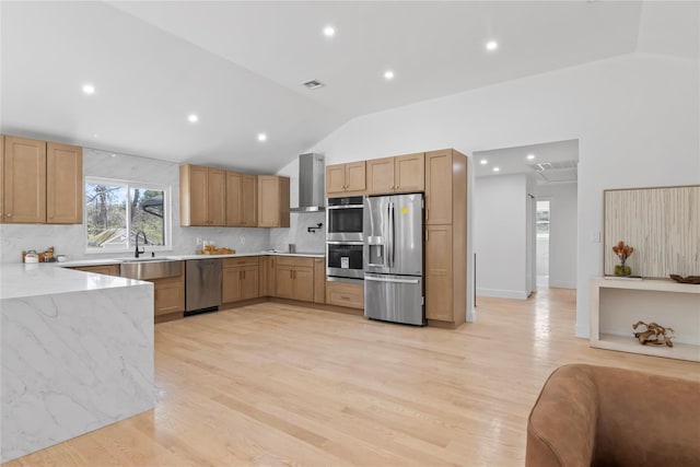 kitchen with decorative backsplash, a sink, exhaust hood, vaulted ceiling, and stainless steel appliances