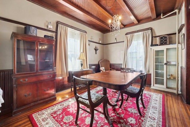 10 Wheeler Ave, Warwick, NY 10990 - dining space with wood finished floors, beam ceiling, a wainscoted wall, wooden ceiling, and a notable chandelier
