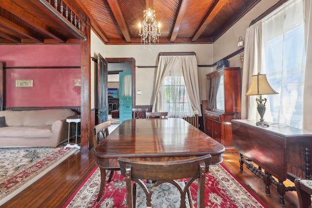10 Wheeler Ave, Warwick, NY 10990 - dining space featuring wood ceiling, beamed ceiling, wood finished floors, and a notable chandelier