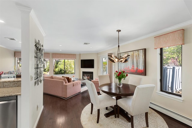 23 Top Of The Rdg Unit A8, Mamaroneck, NY 10543 - dining space featuring a baseboard radiator, dark wood-style flooring, and ornamental molding