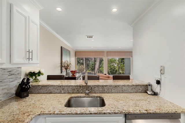 23 Top Of The Rdg Unit A8, Mamaroneck, NY 10543 - kitchen featuring stainless steel dishwasher, crown molding, visible vents, white cabinets, and a sink