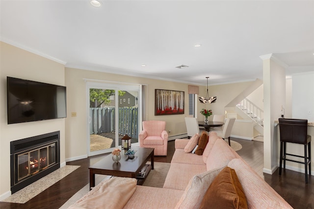 23 Top Of The Rdg Unit A8, Mamaroneck, NY 10543 - living room featuring ornamental molding, stairs, baseboards, baseboard heating, and dark wood-style floors