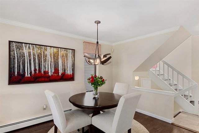 23 Top Of The Rdg Unit A8, Mamaroneck, NY 10543 - dining space featuring crown molding, wood finished floors, baseboards, an inviting chandelier, and stairs