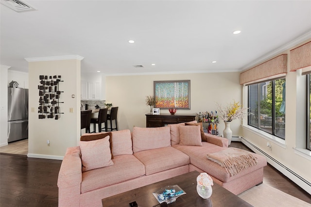 23 Top Of The Rdg Unit A8, Mamaroneck, NY 10543 - living room with visible vents, a baseboard radiator, wood finished floors, and recessed lighting