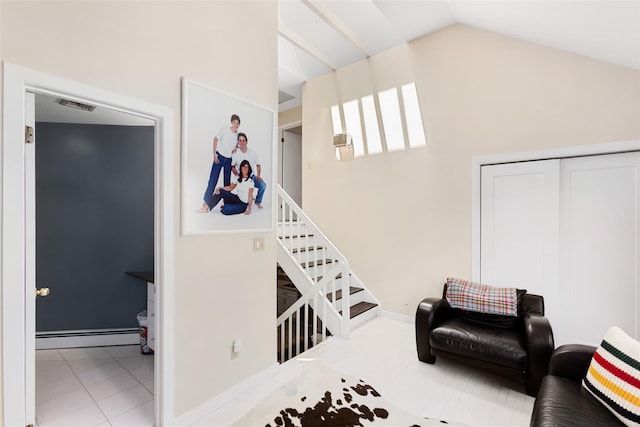 23 Top Of The Rdg Unit A8, Mamaroneck, NY 10543 - stairway featuring baseboards, baseboard heating, vaulted ceiling, and visible vents