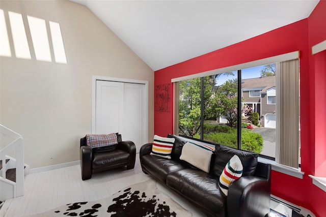 23 Top Of The Rdg Unit A8, Mamaroneck, NY 10543 - living area featuring high vaulted ceiling, a baseboard radiator, and baseboards