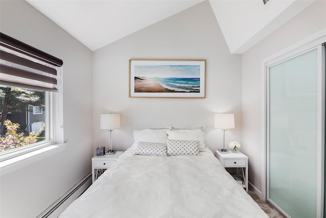 23 Top Of The Rdg Unit A8, Mamaroneck, NY 10543 - bedroom with baseboards, a baseboard radiator, vaulted ceiling, and carpet flooring