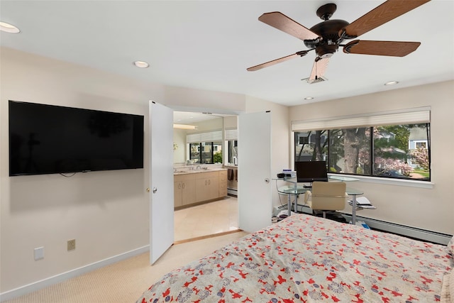 23 Top Of The Rdg Unit A8, Mamaroneck, NY 10543 - bedroom with baseboards, baseboard heating, ensuite bath, light carpet, and recessed lighting