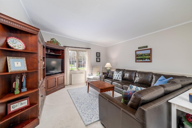 living area featuring ornamental molding and light carpet