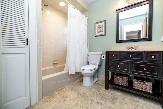 full bathroom with shower / tub combo, toilet, and vanity