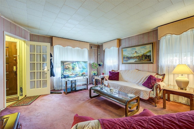 225-54 Murdock Ave, Queens Village, NY 11429 - living room featuring wood walls, ornamental molding, and carpet