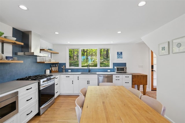 kitchen with island exhaust hood, tasteful backsplash, open shelves, a sink, and stainless steel appliances