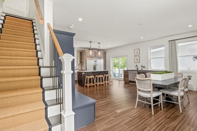 16 Anderson Rd, Pawling, NY 12564 - dining area with dark wood-style flooring, stairway, and recessed lighting