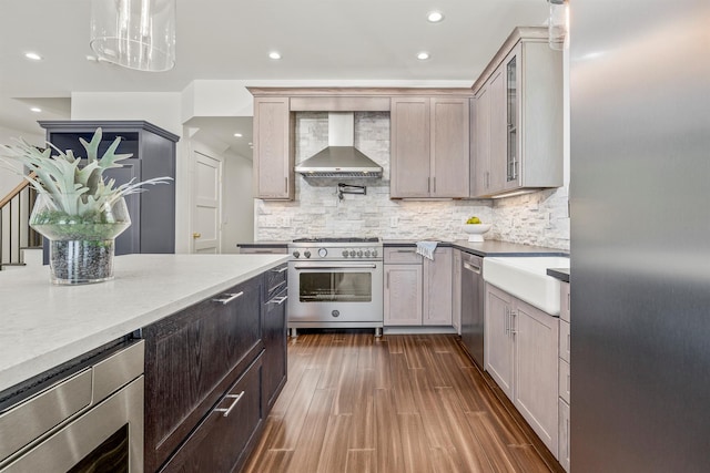 16 Anderson Rd, Pawling, NY 12564 - kitchen with appliances with stainless steel finishes, wall chimney exhaust hood, dark wood-type flooring, tasteful backsplash, and recessed lighting