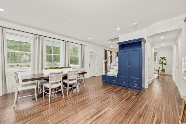 16 Anderson Rd, Pawling, NY 12564 - dining room featuring light wood-type flooring, stairs, recessed lighting, and baseboards