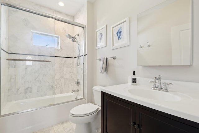 full bathroom with toilet, enclosed tub / shower combo, and vanity