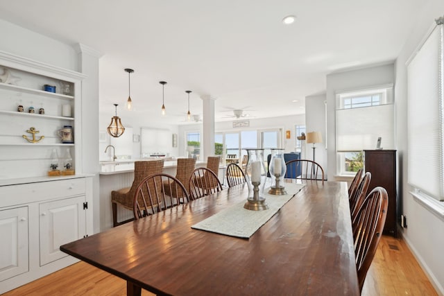 dining area with a ceiling fan, visible vents, baseboards, recessed lighting, and light wood-style flooring
