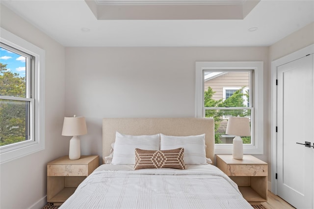 260 Wilmot Rd, Ocean Beach, NY 11770 - bedroom with baseboards, light wood-style flooring, and a raised ceiling