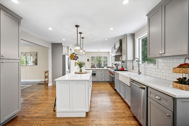 kitchen featuring appliances with stainless steel finishes, gray cabinetry, plenty of natural light, and a sink