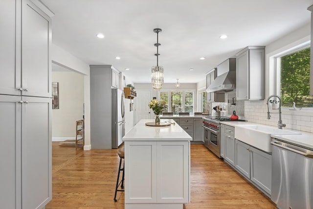 kitchen with a kitchen breakfast bar, wall chimney range hood, a sink, gray cabinetry, and stainless steel appliances
