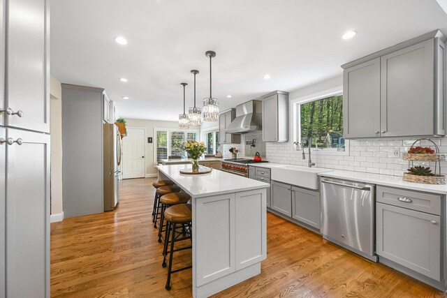 kitchen with wall chimney range hood, appliances with stainless steel finishes, gray cabinetry, and a sink