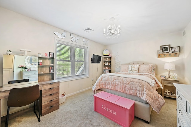 bedroom featuring light colored carpet, baseboards, a chandelier, and visible vents